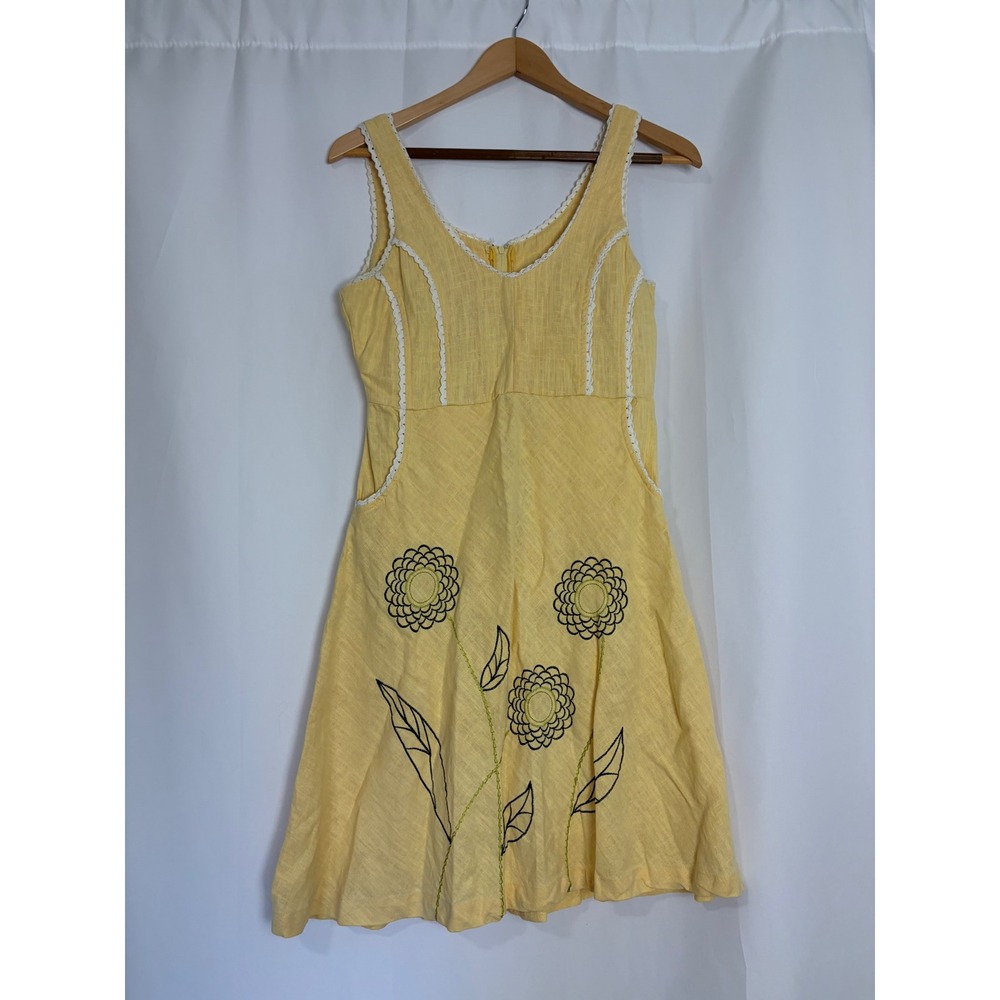 Knitted Dove Anthropologie Yellow Linen Floral Embroidered Lace TrimDress Small